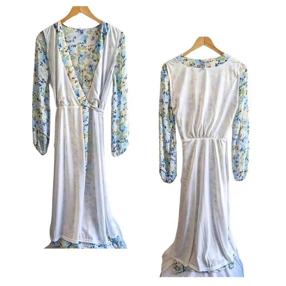 Anthropologie ICHI Adiline Cream Blue Floral Chiffon Wrap Midi Dress Size 34/6